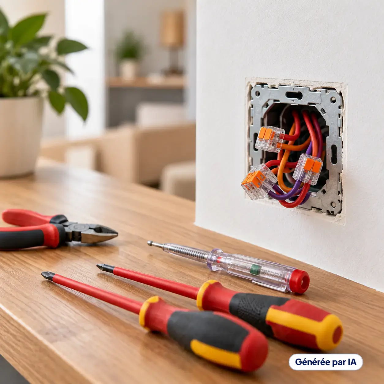 Câblage électrique raccordé avec des connecteurs dans une boîte d’encastrement lors d’une recherche de panne